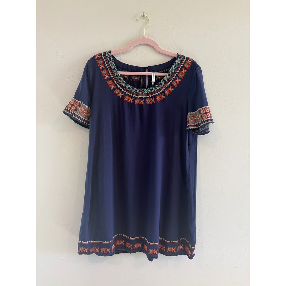 MUR MUR Navy Blue Embroidered Boho Rayon Shift Mini Dress Tunic Womens Medium